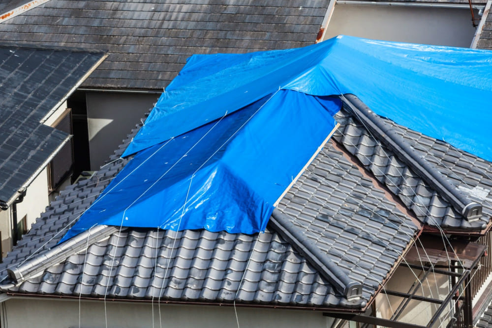 Dark roof with blue canvas