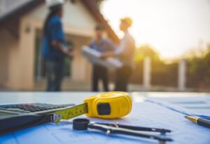 Professional roofer using measuring tape to accurately calculate square footage for a shingle installation.