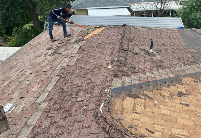 Worker performing roof repair in Spokane Valley, removing damaged shingles to prepare for new installation, highlighting active restoration work
