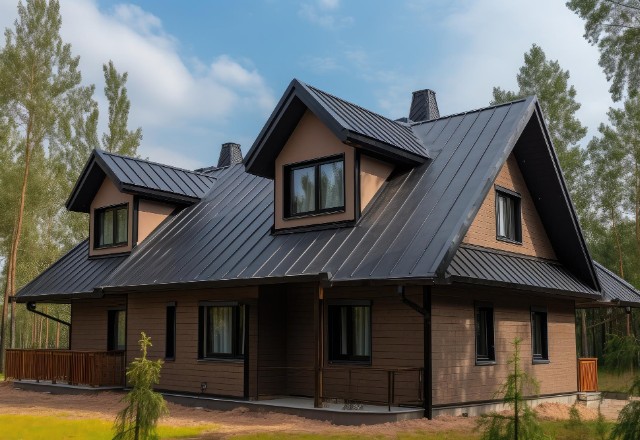 A cozy suburban house with a dark mansard metal roof, featuring dormer windows and a forest backdrop, embodying a serene blend of modern design and natural surroundings.