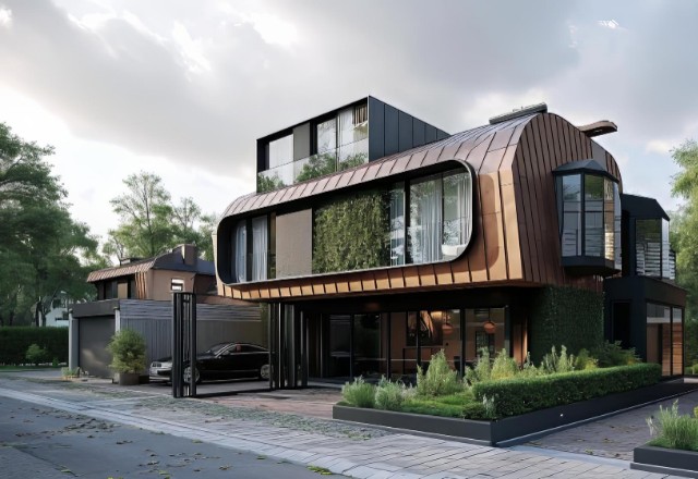 Futuristic residential architecture featuring a mansard-style metal roof design, with curved lines and integrated green living walls, set in a serene neighborhood with lush greenery.