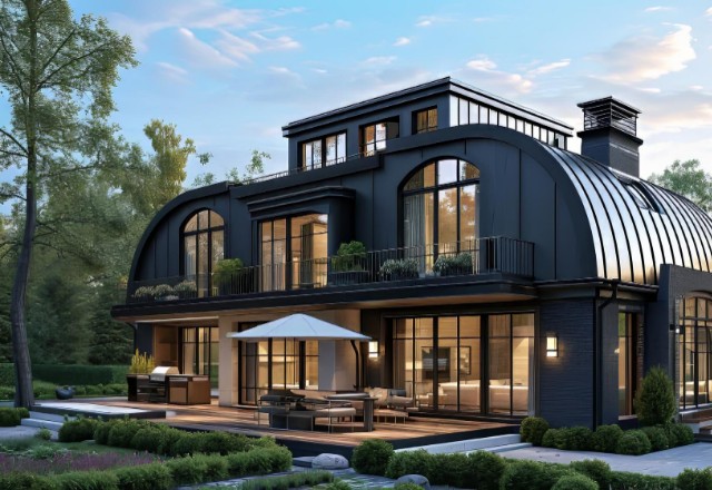 Elegant residence displaying a striking black mansard metal roof, with arched detailing and contrasting trim, complemented by an outdoor living space and surrounded by lush landscaping at dusk