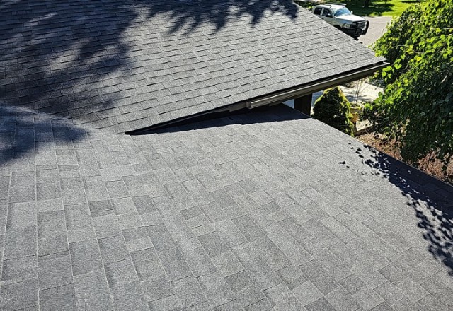 Newly repaired and shingled roof in Spokane Valley, displaying clean workmanship and the shadow of a tree on the neat asphalt shingle surface