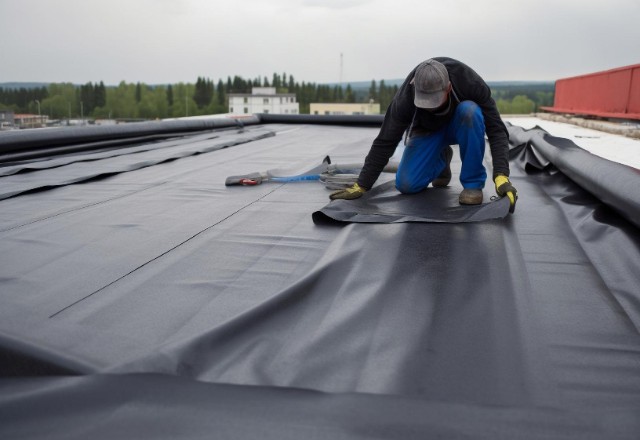 Worker meticulously installs a flat rubber roof in Spokane, kneeling on the expansive black surface with tools at hand, set against a backdrop of distant buildings under an overcast sky.