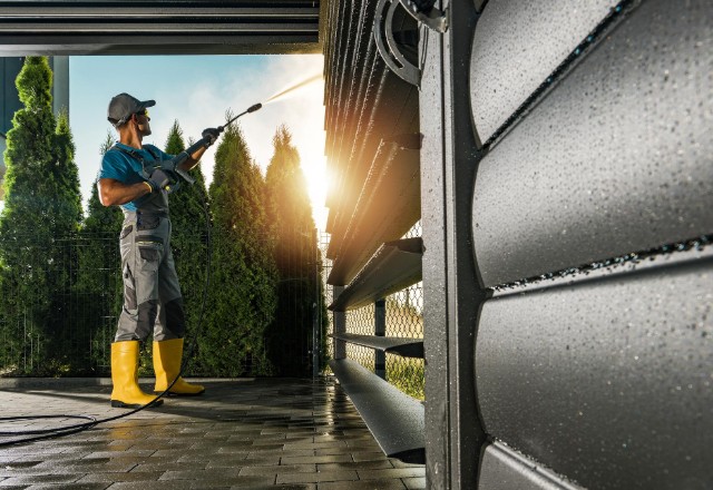 Professional roof pressure washing in action, with a worker in yellow boots and protective gear using a high-pressure washer on roof and siding, exemplifying quality siding cleaning services near me under a bright sunlit backdrop.