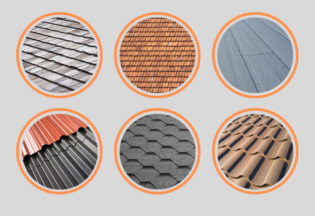 Collage of six different roofing materials, highlighting options for roof cleaning services near me, from traditional asphalt shingles to modern metal panels, each within an orange circle frame, showcasing residential and commercial roof cleaning versatility.