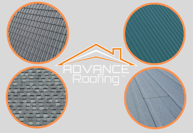 Promotional graphic for Advance Roofing LLC featuring their logo and four circular insets showcasing different roofing materials: metal, tile, shingle, and flat roof options.