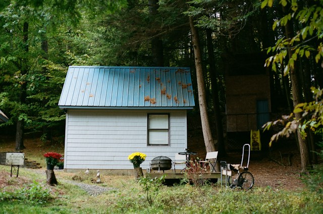 A small, quaint shed with a blue metal roof, partially covered with fallen leaves, sits nestled among trees. Nearby, a wheelchair is parked beside a barbecue grill, with pots and flowers adding touches of color to the serene woodland setting. This scene illustrates a potential before scenario for a shed roof repair company or contractor.