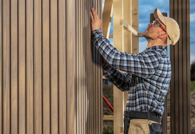 Skilled carpenter in checkered shirt and beige cap securing vertical brown siding to a new construction, showcasing steps on how to repair siding that fell off.