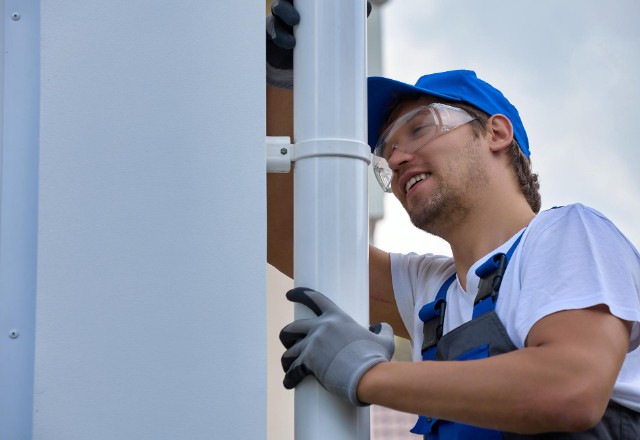 A smiling handyman in blue cap and safety glasses is installing a white metal drainage pipe, showcasing gutter maintenance expertise typical in Spokane.